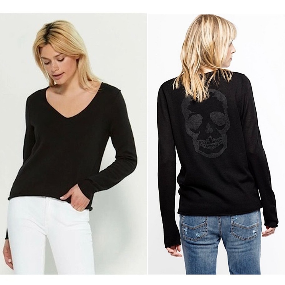 ZADIG & VOLTAIRE Merino Wool Distressed V-Neck Crystal Studded Skull Sweater XS